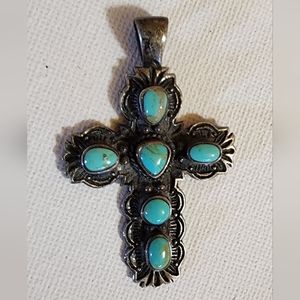 Boho Gypsy Vintage Sleeping Beauty AAA Turquoise Sterling Silver Cross Pendant
